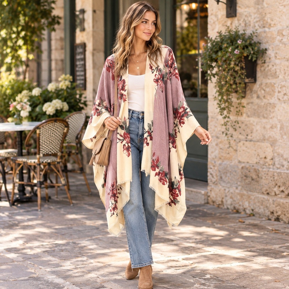 Floral Kimono Wrap Poncho Mauve Cream Red One Size Open Front Lightweight